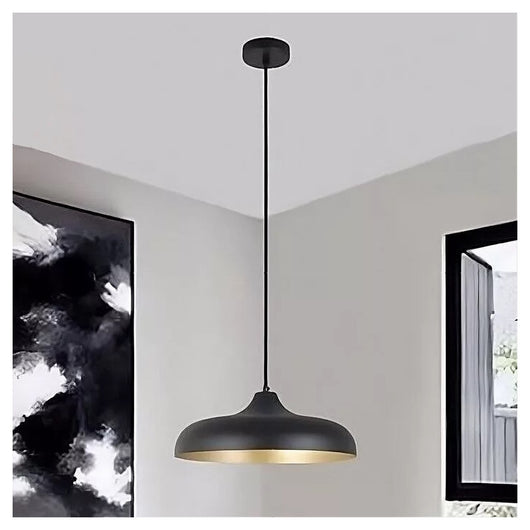 Trade Shop - Lampadario A Sospensione Design Moderno E27 Paralume In Ferro Cupola Nero Oro 33320         