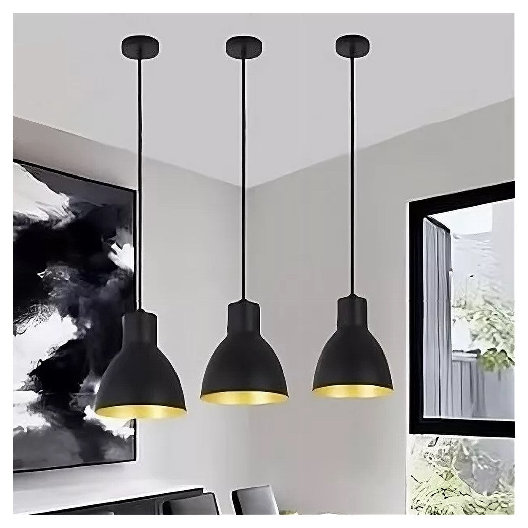 Trade Shop - Lampadario A Sospensione E27 Ferro Paralume Moderno Contemporaneo Campanella Nera Oro 33269         