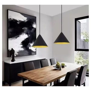 Trade Shop - Lampadario A Sospensione E27 Ferro Paralume Moderno Contemporaneo Cono Nero Oro 33351         