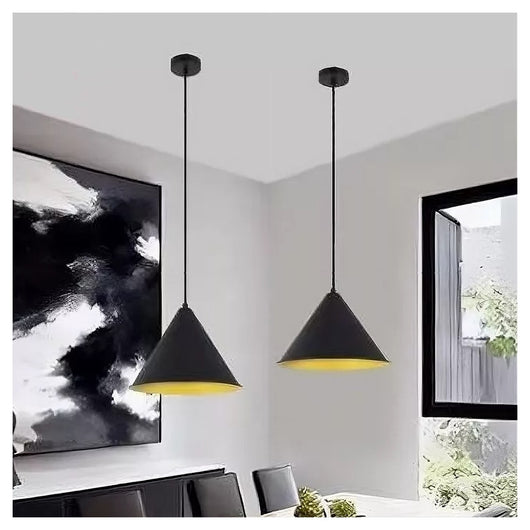 Trade Shop - Lampadario A Sospensione E27 Ferro Paralume Moderno Contemporaneo Cono Nero Oro 33351         