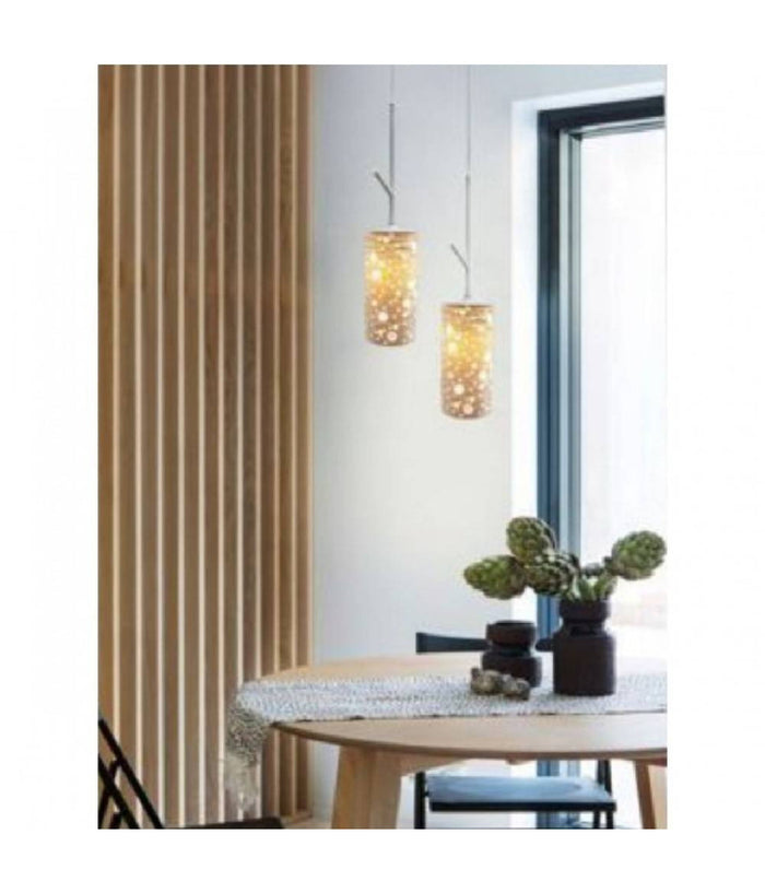 Lampadario A Sospensione E27 Paralume Cilindro In Ceramica Traforata Bianco Lp21         