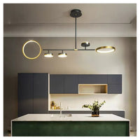 Trade Shop - Lampadario A Sospensione Led 37w Con 5 Cerchi Orizzontale Nero Oro Luce Fredda 71361         