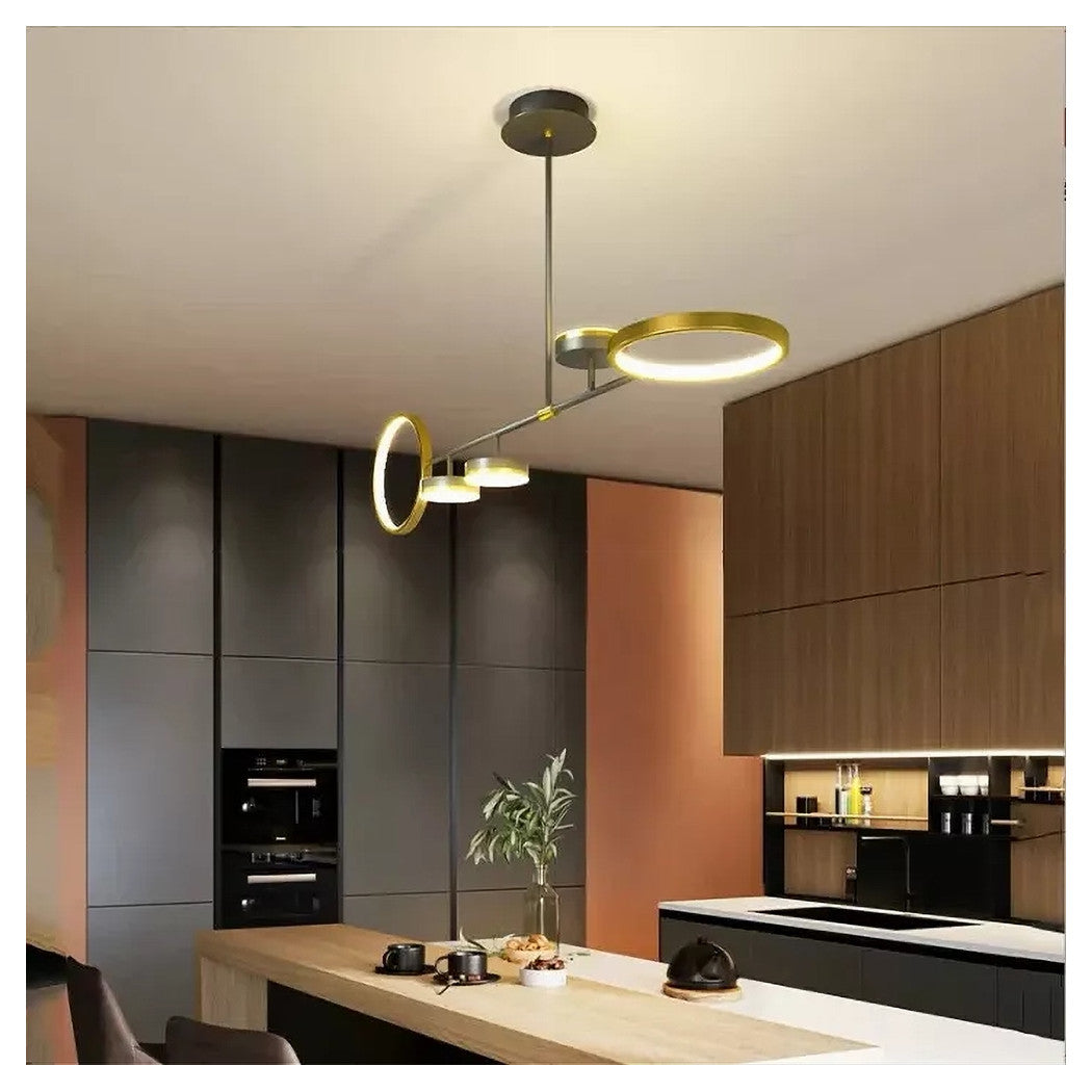 Trade Shop - Lampadario A Sospensione Led 37w Con 5 Cerchi Orizzontale Nero Oro Luce Fredda 71361         