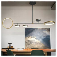 Trade Shop - Lampadario A Sospensione Led 37w Con 5 Cerchi Orizzontale Nero Oro Luce Fredda 71361         