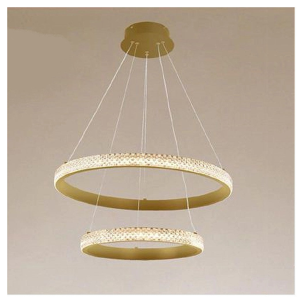 Trade Shop - Lampadario A Sospensione Led 60w 2 Cerchi Anelli Cristallo Telecomando Oro 31975         
