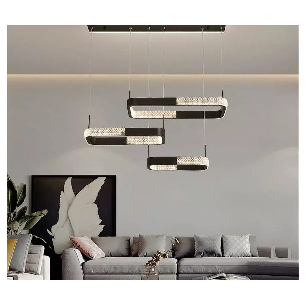 Trade Shop - Lampadario A Sospensione Led 68 W 3 Rettangoli Cristallo Telecomando Nero 32101         