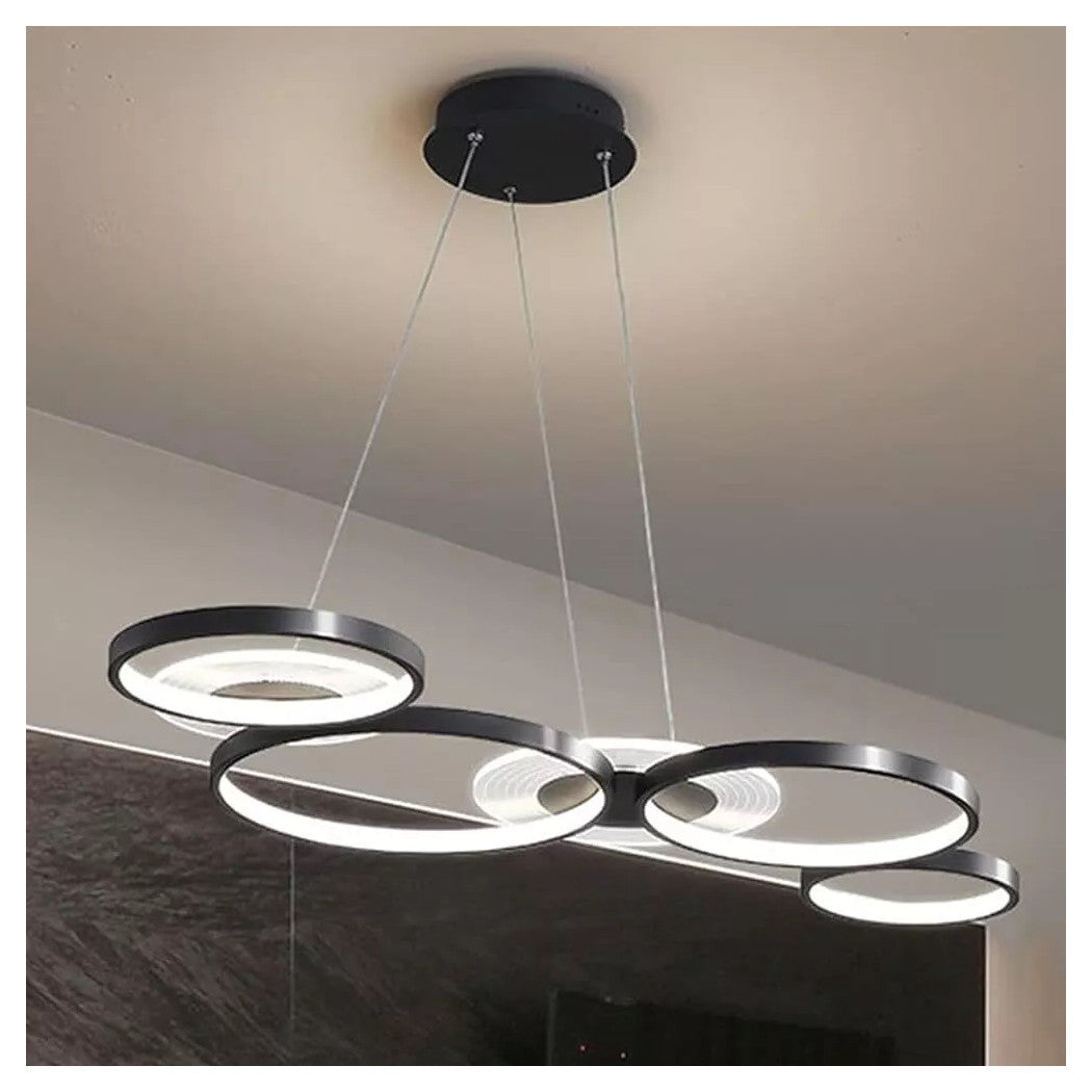 Trade Shop - Lampadario A Sospensione Led Nero 65w 6 Anelli Luminosi Moderno Con Telecomando 71415         