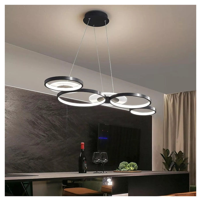 Trade Shop - Lampadario A Sospensione Led Nero 65w 6 Anelli Luminosi Moderno Con Telecomando 71415         