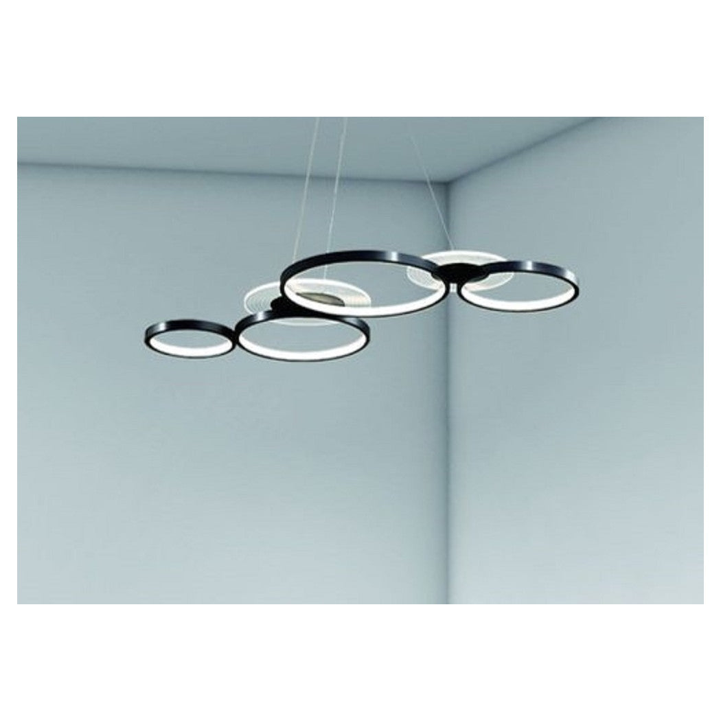Trade Shop - Lampadario A Sospensione Led Nero 65w 6 Anelli Luminosi Moderno Con Telecomando 71415         