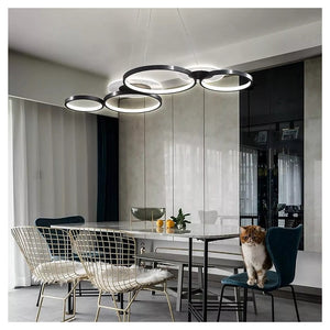 Trade Shop - Lampadario A Sospensione Led Nero 65w 6 Anelli Luminosi Moderno Con Telecomando 71415         