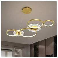 Trade Shop - Lampadario A Sospensione Led Oro 65w 6 Anelli Luminosi Moderno Con Telecomando 71422         
