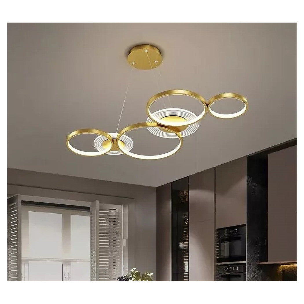 Trade Shop - Lampadario A Sospensione Led Oro 65w 6 Anelli Luminosi Moderno Con Telecomando 71422         