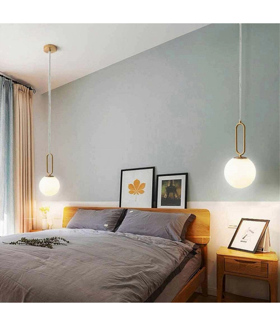 Lampadario A Sospensione Minimalista Ovale Metallo Bronzo Con Sfera Vetro G9 A96         