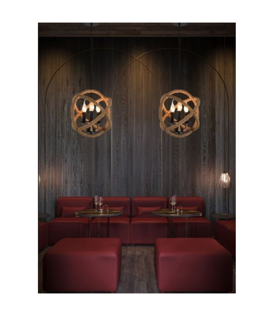 Lampadario A Sospensione Rustico Industriale E14 Sfera In Corda Metallo B55-3         