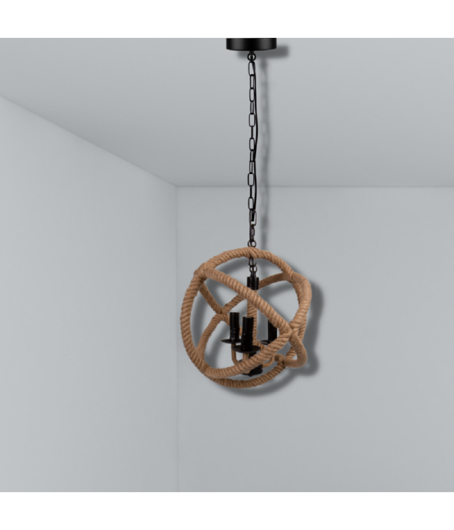 Lampadario A Sospensione Rustico Industriale E14 Sfera In Corda Metallo B55-3         