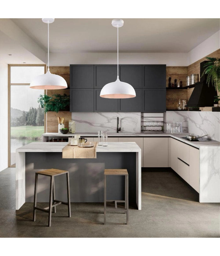 Lampadario A Sospensione Stile Contemporaneo In Metallo Pendente A Cupola E27 B91  Bianco       