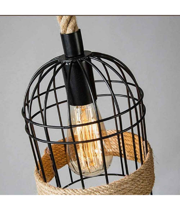 Lampadario A Sospensione Stile Industriale In Metallo Corda Canapa Retrò B60-5         