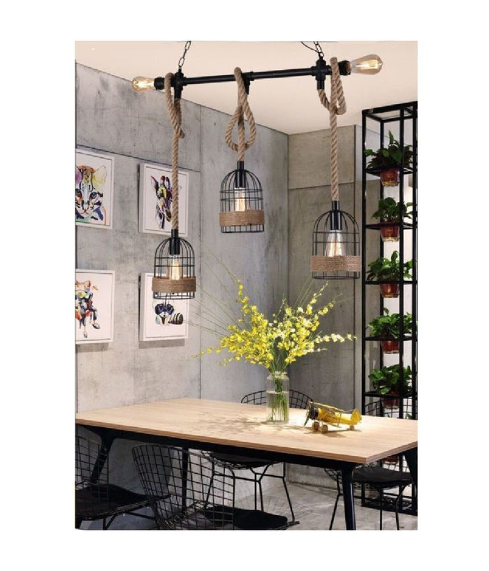 Lampadario A Sospensione Stile Industriale In Metallo Corda Canapa Retrò B60-5         