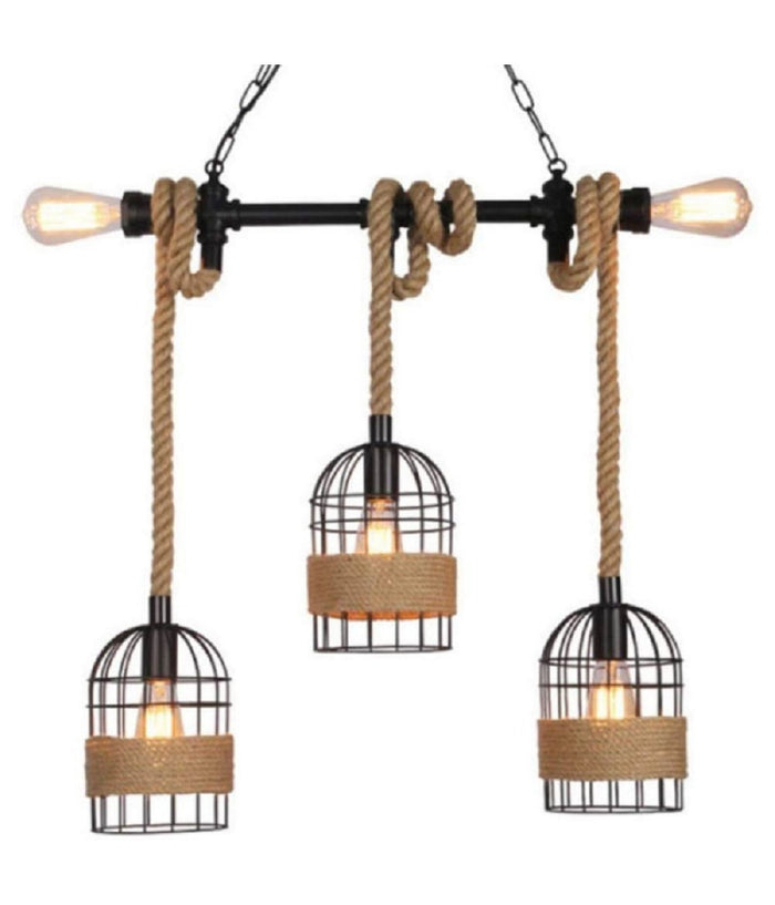 Lampadario A Sospensione Stile Industriale In Metallo Corda Canapa Retrò B60-5         