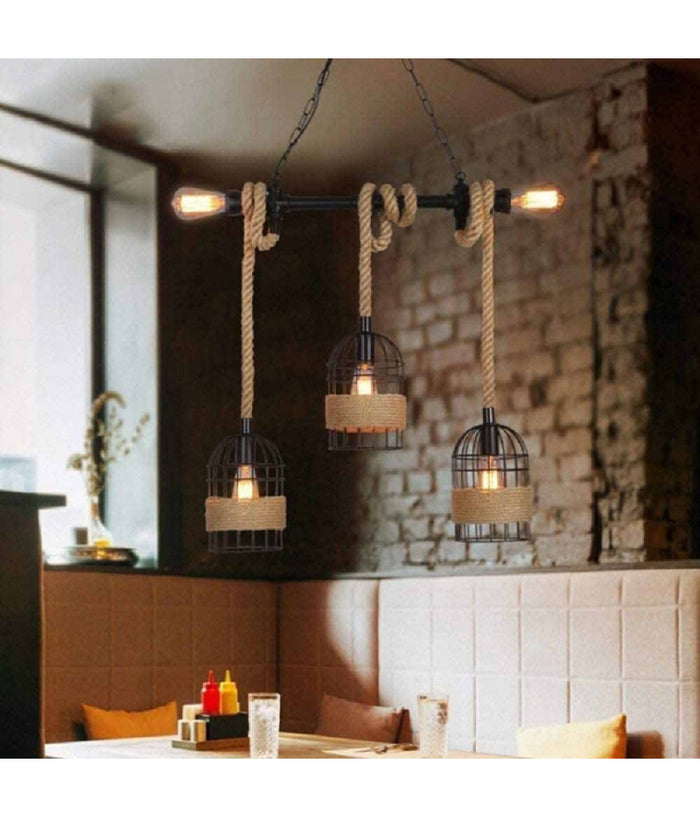Lampadario A Sospensione Stile Industriale In Metallo Corda Canapa Retrò B60-5         
