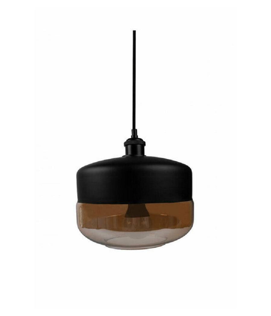 Lampadario A Sospensione Vintage Da Soffitto E27 Nero Vetro Effetto Ambrato Lp13         