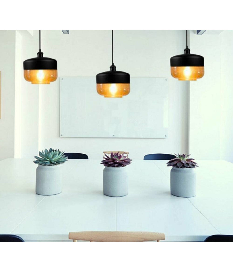 Lampadario A Sospensione Vintage Da Soffitto E27 Nero Vetro Effetto Ambrato Lp13         