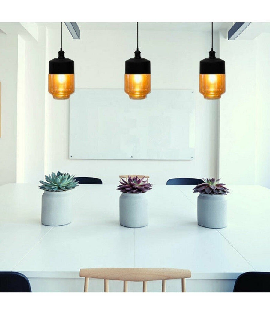 Lampadario A Sospensione Vintage Soffitto Attacco E27 Effetto Ambrato Nero Lp-14         