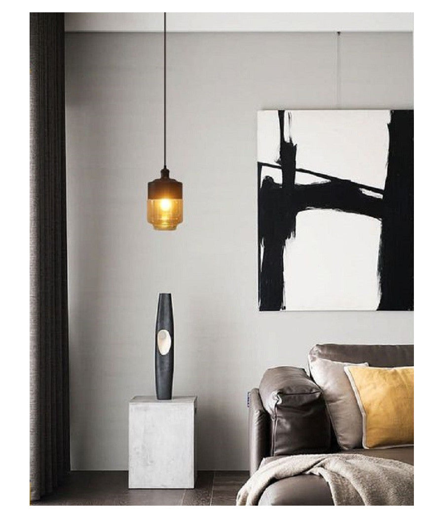 Lampadario A Sospensione Vintage Soffitto Attacco E27 Effetto Ambrato Nero Lp-14         