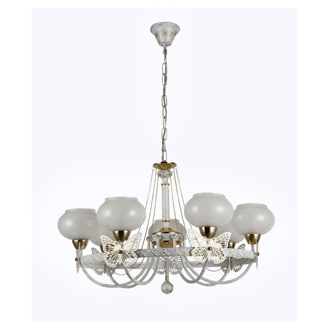 Trade Shop - Lampadario Classico Bianco Anticato Shabby Chic Lampada 7 Coppe Con Farfalle 92433         