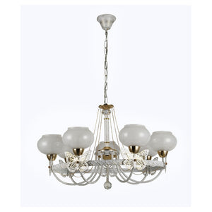 Trade Shop - Lampadario Classico Bianco Anticato Shabby Chic Lampada 7 Coppe Con Farfalle 92433         