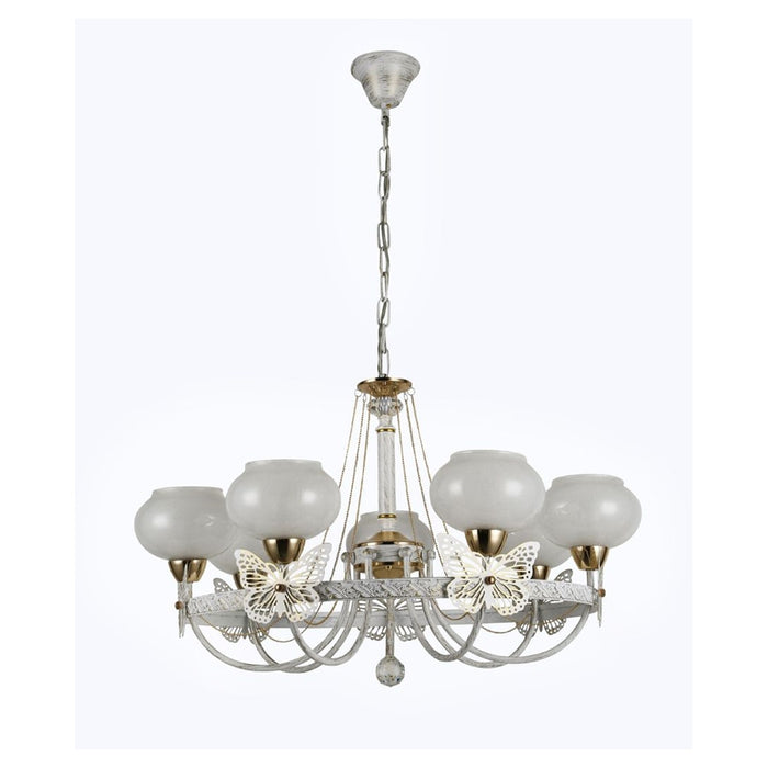 Trade Shop - Lampadario Classico Bianco Anticato Shabby Chic Lampada 7 Coppe Con Farfalle 92433         