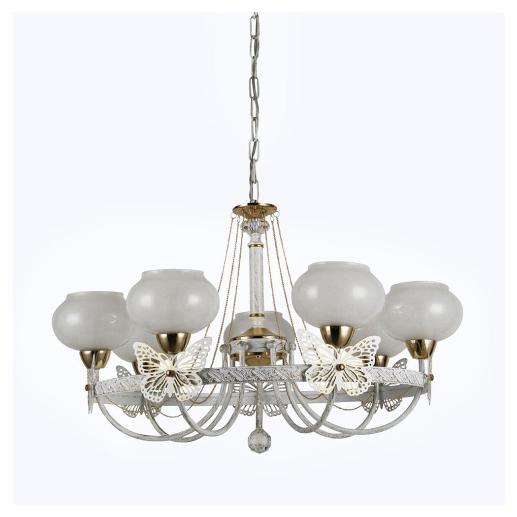 Trade Shop - Lampadario Classico Bianco Anticato Shabby Chic Lampada 7 Coppe Con Farfalle 92433         