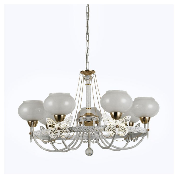 Trade Shop - Lampadario Classico Bianco Anticato Shabby Chic Lampada 7 Coppe Con Farfalle 92433         