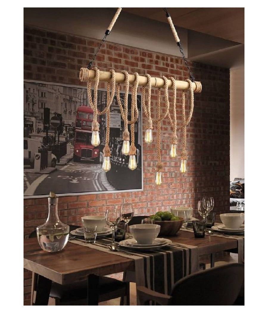 Lampadario Country 8 Portalampada E27 Lampada Soffitto Retro Legno Corda B23-8         