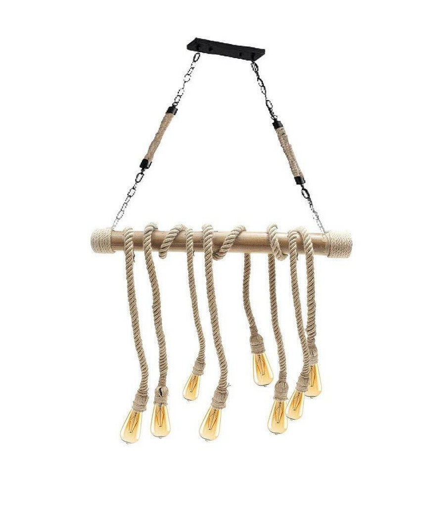 Lampadario Country 8 Portalampada E27 Lampada Soffitto Retro Legno Corda B23-8         