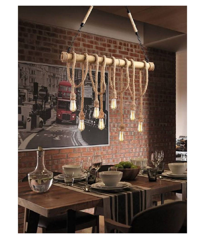 Lampadario Country 8 Portalampada E27 Lampada Soffitto Retro Legno Corda B23-8         