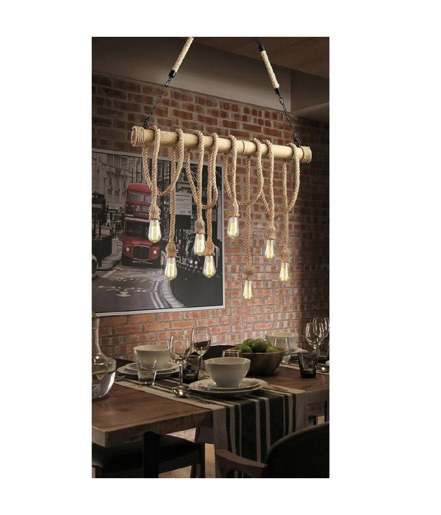 Lampadario Country 8 Portalampada E27 Lampada Soffitto Retro Legno Corda B23-8         