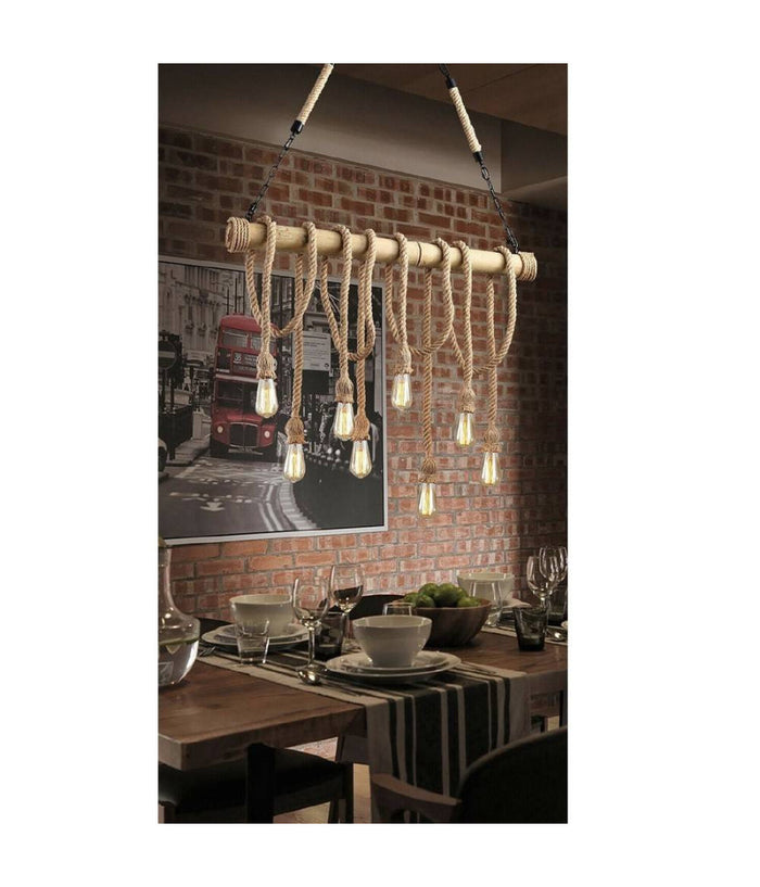 Lampadario Country 8 Portalampada E27 Lampada Soffitto Retro Legno Corda B23-8         