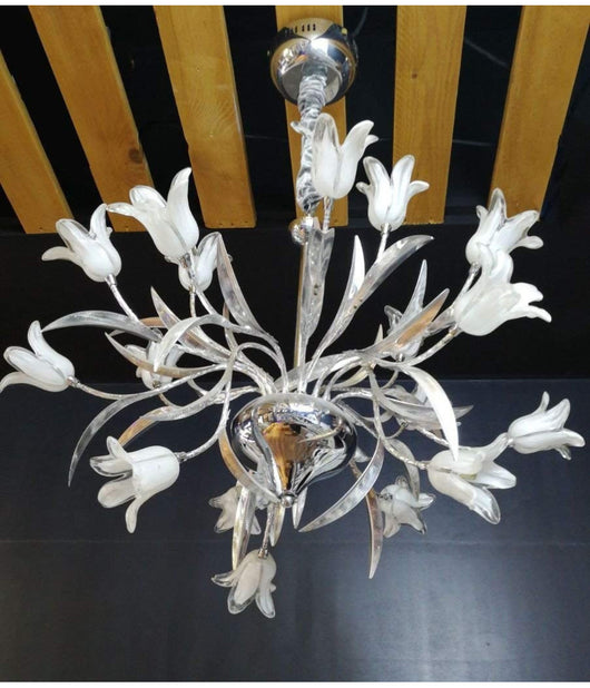 Lampadario Lampada Pendente Fiori Bianco Acciaio Vetro Luce Led Sospensione Soffitto         