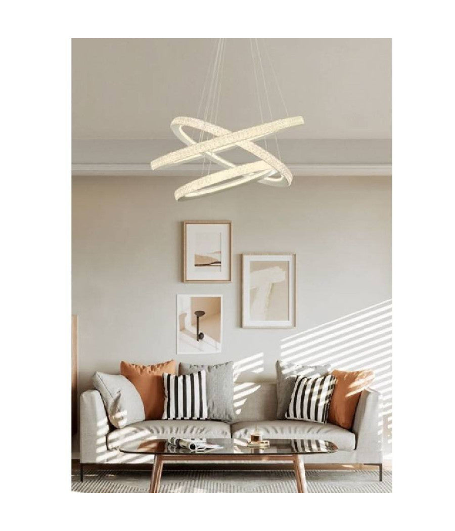 Lampadario Led 132 W Bianca 3 Anelli Con Cristalli Luce 6500k 3000k 4000k Lp-33b  -bianco Caldo      -