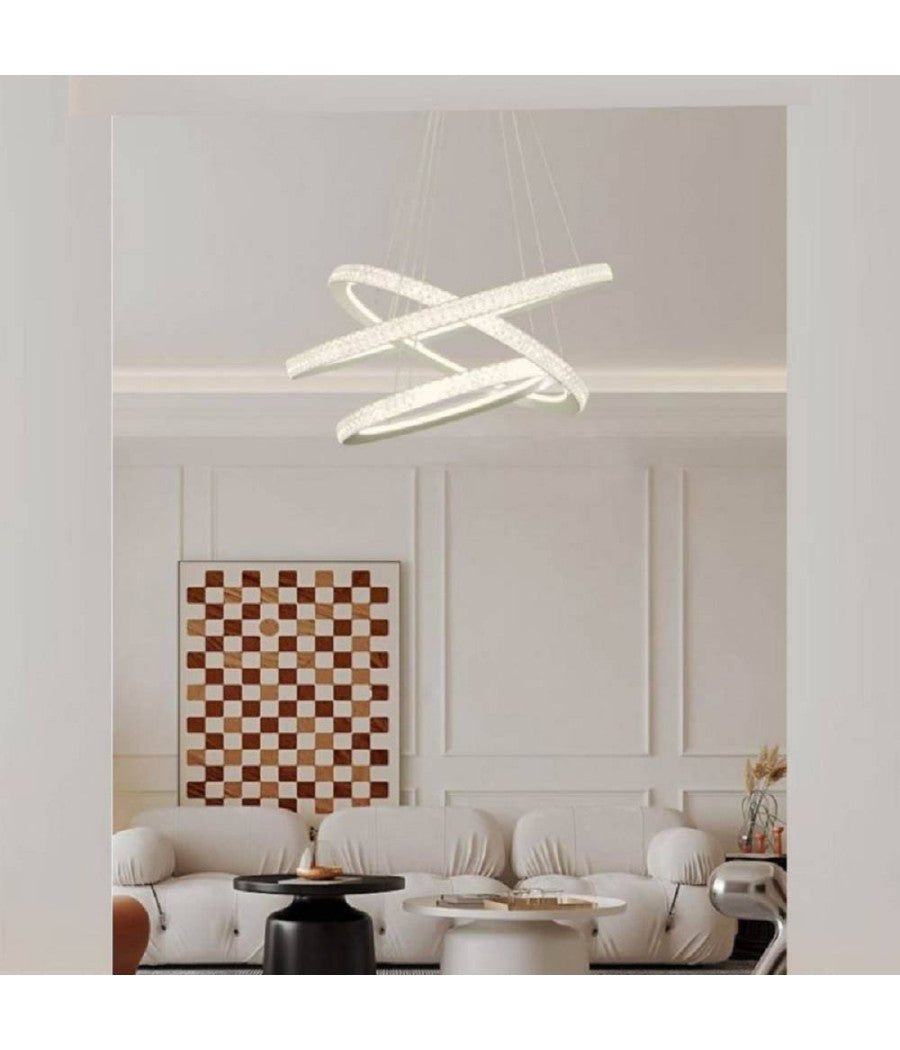 Lampadario Led 132 W Bianca 3 Anelli Con Cristalli Luce 6500k 3000k 4000k Lp-33b         