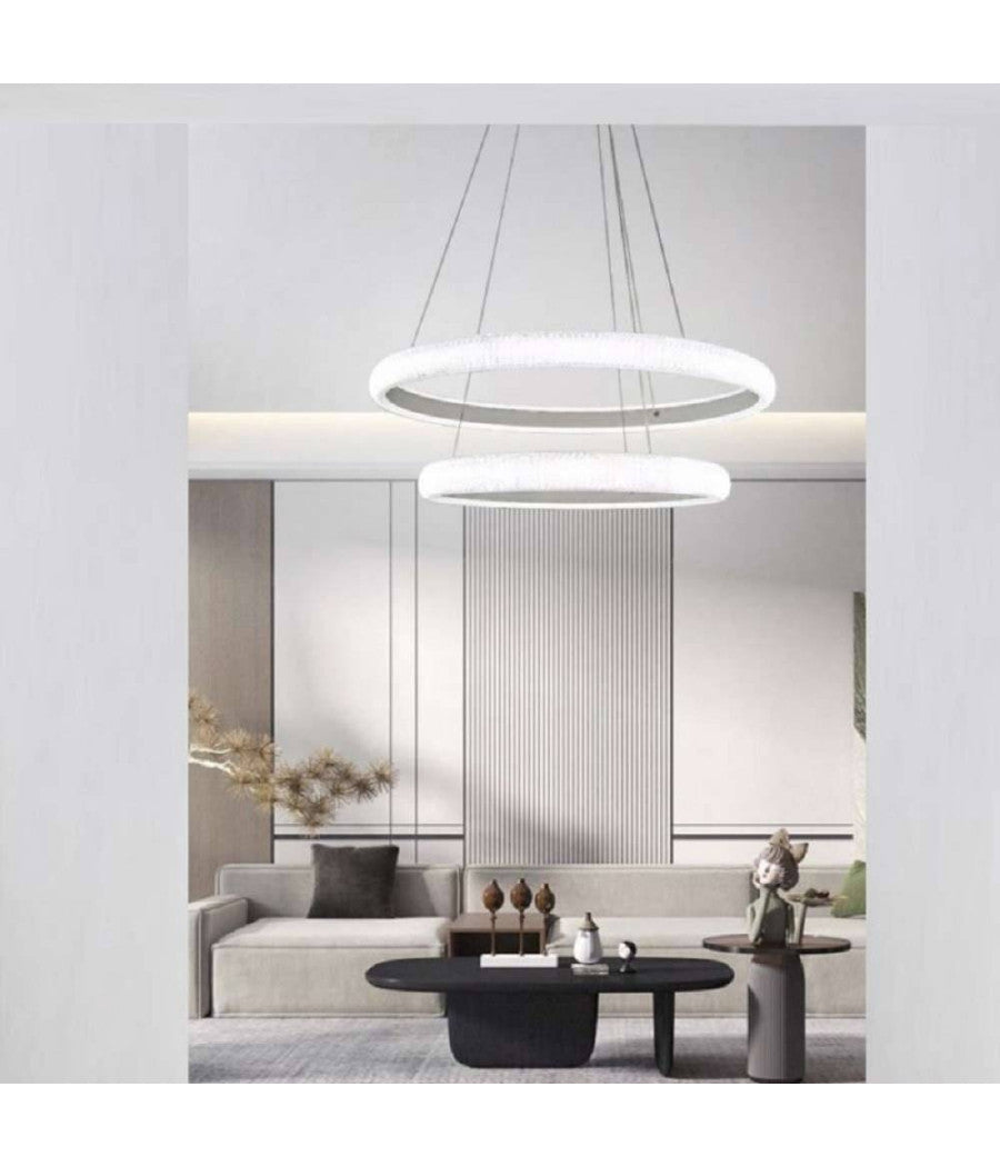 Lampadario Led 51w A Sospensione 2 Anelli Cristalli Luce 6500k 3000k 4000k Lp-38b         