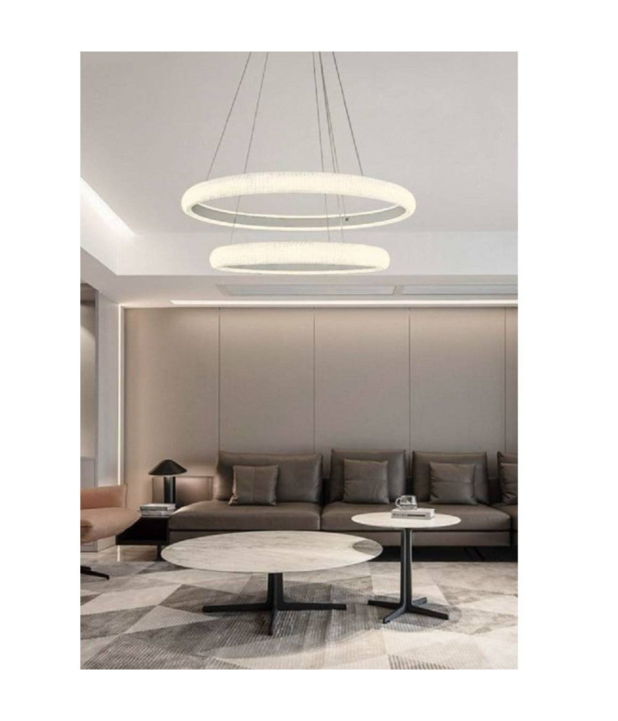 Lampadario Led 51w A Sospensione 2 Anelli Cristalli Luce 6500k 3000k 4000k Lp-38b         