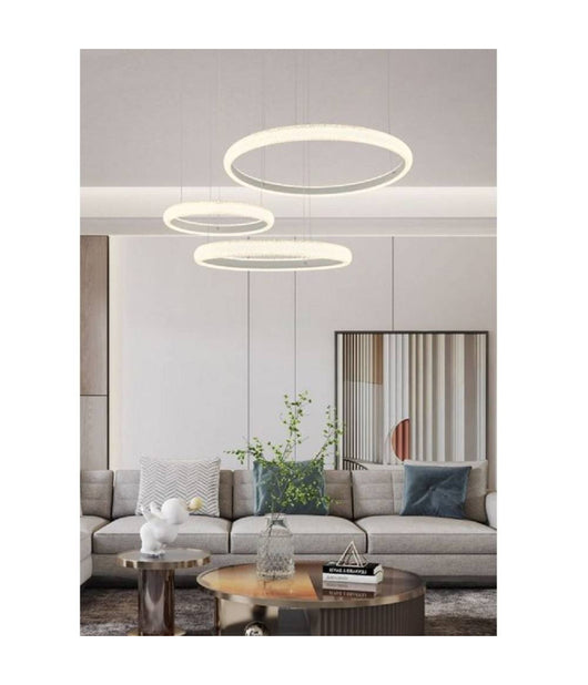 Lampadario Led 60w A Sospensione 3 Anelli Cristalli Luce 3000k 6500k 4000k Lp-39b  -bianco Naturale      -