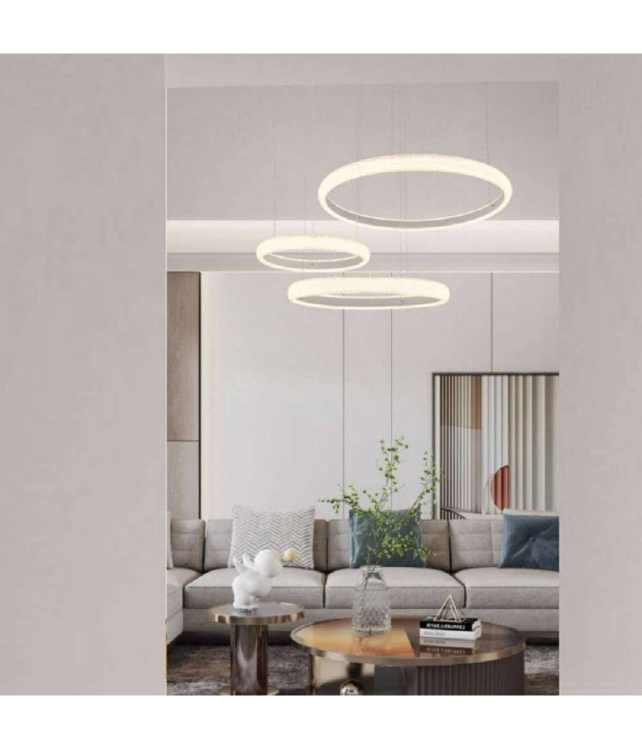 Lampadario Led 60w A Sospensione 3 Anelli Cristalli Luce 3000k 6500k 4000k Lp-39b         