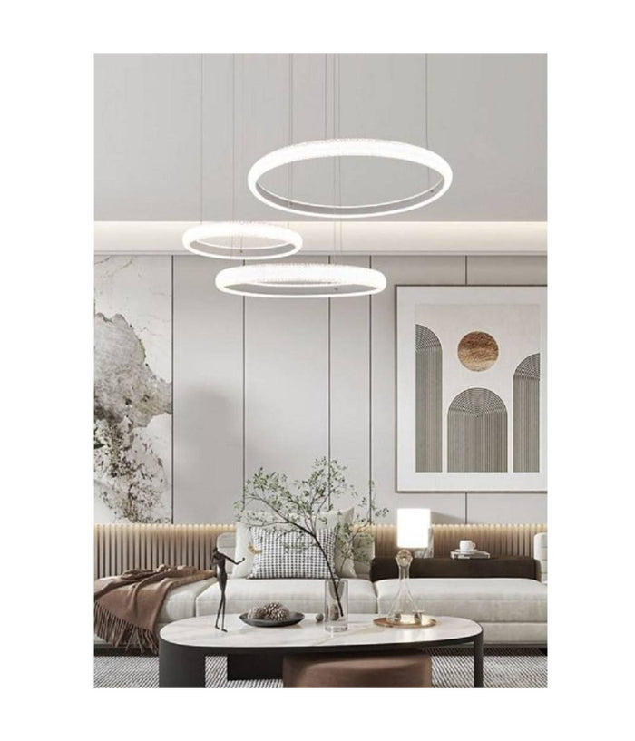 Lampadario Led 60w A Sospensione 3 Anelli Cristalli Luce 3000k 6500k 4000k Lp-39b         