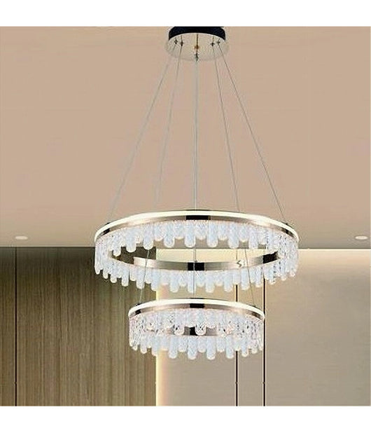 Lampadario Led A Sospensione Oro 72w 2 Cerchi Con Cristalli 3 Colori Luce Lp-55-3c         