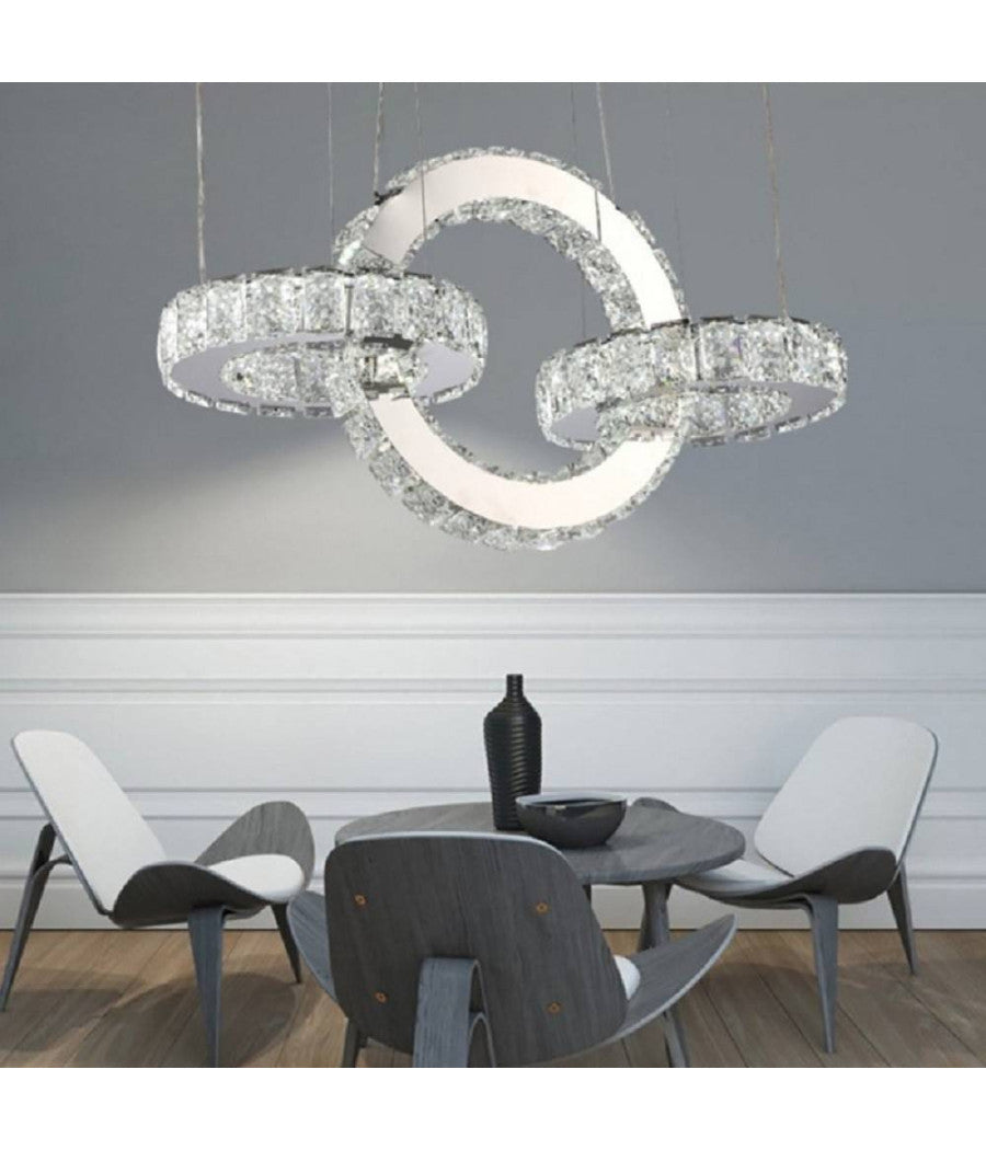 Lampadario Led Design Moderno Cerchi Di Cristallo 25 Watt Luce Bianco Freddo B34         