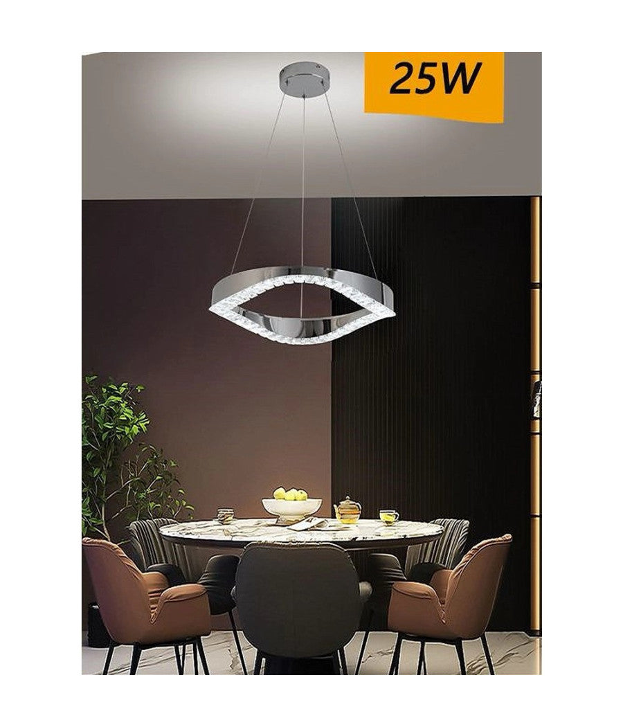 Lampadario Led Soffitto 25 W Sospeso In Acciaio Cristallo Luce Fredda 8000k B72         