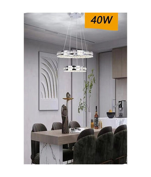 Lampadario Led Soffitto 40 W Sospeso 2 Anelli In Cristallo Luce Fredda 8000k B71         